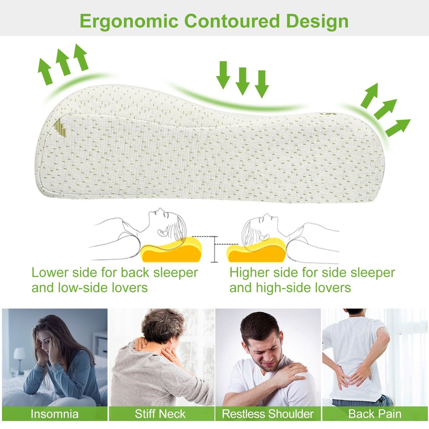 S-L Size Options -- 1Pc Bamboo Memory Foam Sleep Pillow Contoured